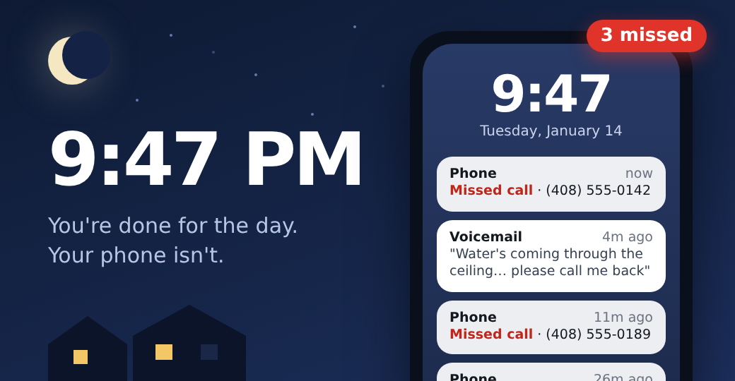 9:47 PM. A phone lock screen with 3 missed calls and a voicemail: Water's coming through the ceiling, please call me back.